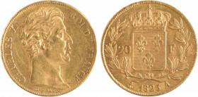 Charles X, 20 francs, 1825 Paris
A/CHARLES X - ROI DE FRANCE.
Tête nue à droite du Roi, au-dessous signature MICHAUT/ T
R/(différent) (date) (ateli...