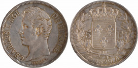 Charles X, 5 francs 2e type, 1829 Paris
A/CHARLES X ROI - DE FRANCE.
Tête nue à gauche du Roi, au-dessous et plus bas signature Michaut et T cursif...