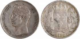 Charles X, 1 franc, 1826 Bordeaux
A/CHARLES X ROI - DE FRANCE.
Tête nue à gauche du Roi, au-dessous signature MICHAUT/ T
R/(différent) (date) (atel...