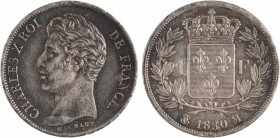 Charles X, 1 franc, 1830 Toulouse
A/CHARLES X ROI - DE FRANCE.
Tête nue à gauche du Roi, au-dessous signature MICHAUT/ T
R/(différent) (date) (atel...