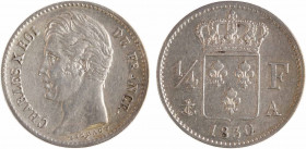 Charles X, 1/4 de franc, 1830 Paris
A/CHARLES X ROI - DE FRANCE.
Tête nue à gauche du Roi, au-dessous signature MICHAUT/ T
R/(différent) (date) (at...