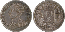 Henri V, 1 franc, 1831
A/HENRI V ROI - DE FRANCE
Buste en uniforme, à gauche, d'Henri V
R/(lis) (date) (lis)
Écu de France couronné et accosté de ...