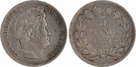 Louis-Philippe Ier, 5 francs Ier type Domard, tranche en relief, 1831 Bayonne
A/LOUIS PHILIPPE I - ROI DES FRANÇAIS
Tête laurée à droite, au-dessous...