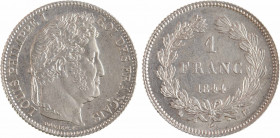 Louis-Philippe Ier, 1 franc, 1844 Bordeaux
A/LOUIS PHILIPPE I - ROI DES FRANÇAIS
Tête laurée de chêne à droite, au-dessous signature DOMARD. F.
R/(...