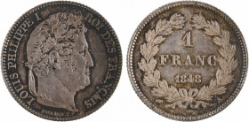 Louis-Philippe Ier, 1 franc, 1848 Paris
A/LOUIS PHILIPPE I - ROI DES FRANÇAIS
Tête laurée de chêne à droite, au-dessous signature DOMARD. F.
R/(dif...