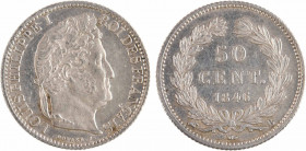 Louis-Philippe Ier, 50 centimes, 1846 Rouen
A/LOUIS PHILIPPE I - ROI DES FRANÇAIS
Tête laurée de chêne à droite, au-dessous signature DOMARD. F.
R/...