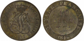 Guyane, Louis-Philippe, 10 centimes, 1846 Paris
A/LOUIS PHILIPPE I ROI DES FRANÇAIS
Monogramme formé des lettres L et P, sous une couronne
R/GUYANE...