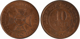 République de Guyane indépendante, essai de 10 centimes, 1887
A/REPUBLIQUE DE LA GUYANNE INDÉPENDANTE// (date)
Croix avec deux mains liées au centre...