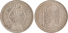 Tunisie (Protectorat français), Ahmed, 20 francs, AH 1349 (1930) Paris
A/TUNISIE
Au centre : 20/ FRANCS/ (date)/ (différents)
Palme et branche d'ol...