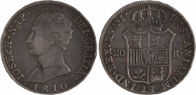 Espagne, Joseph Napoléon, 20 réaux, 1810 Madrid
A/.IOSEPH. NAP. - DEI. GRATIA.
Buste de Joseph Napoléon tête nue à gauche ; en-dessous (date)
R/HIS...