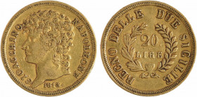 Italie, Naples et Deux-Siciles (royaume de), Joachim Murat, 20 lire, 1813 Naples
A/GIOACCHINO - NAPOLEONE
Tête nue à gauche, au-dessous (date)
R/RE...