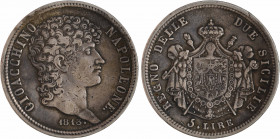 Italie, Naples et Deux-Siciles (royaume de), Murat, 5 lire, 1813 Naples
A/GIOACCHINO - NAPOLEONE (losange)
Buste à droite, au-dessous (date) (losang...