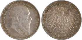 Allemagne, Bade (Grand-duché de), Frédéric I, 5 mark, 1904 Karlsruhe
A/FRIEDRICH GROSHERZOG VON BAYERN
Buste à droite de Frédéric I ; en-dessous (at...