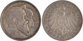Allemagne, Bade (Grand-duché de), Frédéric I, 5 mark d'hommage, 1906 Karlsruhe
A/FRIEDRICH UND LUISE VON BADEN. 1856. 1906
Bustes accolés à droite d...