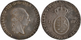Allemagne, Schleswig-Holstein, Christian VII, speciestaler de 60 shilling, 1795 Altona
A/CHRISTIANUS. VII. D. G. DAN. NORV.V. G. REX.
Tête de Christ...