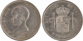 Espagne, Alphonse XIII, 5 pesetas, 1888 (18 - 88) Madrid
A/ALFONSO XIII - POR LA G. DE DIOS// * (date) *
Buste tête nue à gauche d'Alphonse XIII ; e...