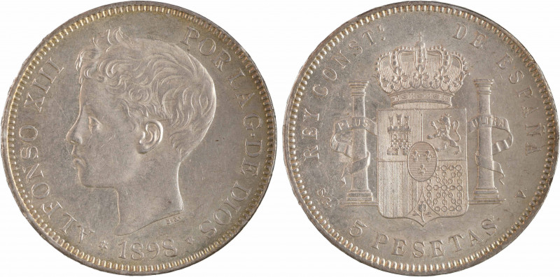 Espagne, Alphonse XIII, 5 pesetas, 1898 (18 - 98) Madrid
A/ALFONSO XIII - POR L...