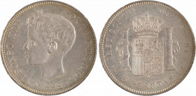 Espagne, Alphonse XIII, 5 pesetas, 1898 (18 - 98) Madrid
A/ALFONSO XIII - POR LA G. DE DIOS// * (date) *
Buste enfantin d'Alphonse XIII tête nue à g...