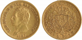 Italie, Savoie-Sardaigne, Charles-Félix, 20 lire, 1827 Turin
A/CAR. FELIX D. G. REX SAR. CYP. ET HIER.
Tête nue à gauche signée A. LAVY, au-dessous ...
