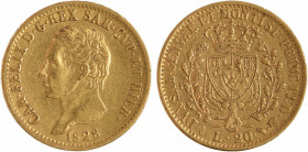Italie, Savoie-Sardaigne, Charles-Félix, 20 lire, 1828 Turin
A/CAR. FELIX D. G. REX SAR. CYP. ET HIER.
Tête nue à gauche signée A. LAVY, au-dessous ...