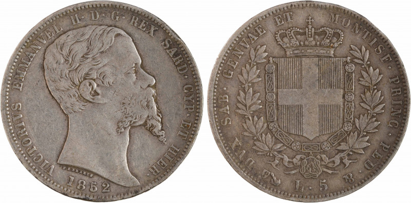 Italie, Savoie-Sardaigne, Victor-Emmanuel II, 5 lire, 1852 Gênes
A/VICTORIVS EM...