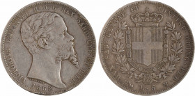 Italie, Savoie-Sardaigne, Victor-Emmanuel II, 5 lire, 1852 Gênes
A/VICTORIVS EMMANVEL II. D. G. REX SARD. CYP. ET HIER.// (date)
Tête nue à droite d...