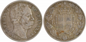 Italie (royaume d'), Humbert Ier, 5 lire, 1879 Rome
A/UMBERTO I - RE D'ITALIA
Tête à droite d'Humbert Ier signée SPERANZA, au-dessous (date)
Écu co...