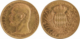 Monaco, Albert Ier, cent francs or, 1895 Paris
A/ALBERT I PRINCE - DE MONACO
Tête nue à gauche, au-dessous signature O. ROTY
R/CENT FRANCS
Écu des...