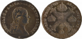 Pays-Bas autrichiens, Léopold II, kronenthaler, 1792 Günzburg
A/LEOPOLD. II. D. G. R. I. S. A. GER. HIE. HVN. BOH. REX
Buste lauré à droite de Josep...