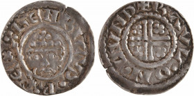 Angleterre, Henri II Plantagenêt, penny à la petite croix, s.d. Londres
A/+ HENRICVS. R - EX
Buste couronné avec le sceptre de face
R/+ RAVL. ON. L...
