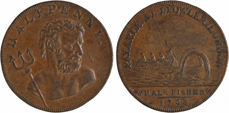 Royaume-Uni, Middlesex, halfpenny token, I. Fowler's (whale fishery), 1794
A/HA...