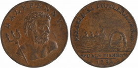Royaume-Uni, Middlesex, halfpenny token, I. Fowler's (whale fishery), 1794
A/HALFPENNY
Buste de Neptune à droite
R/PAYABLE AT I. FOWLERS LONDON
Sc...