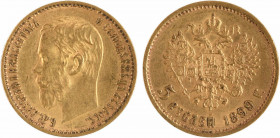Russie, Nicolas II, 5 roubles, 1899 Saint-Pétersbourg
A/Légende en cyrillique
Tête nue à gauche de Nicolas II
R/5 ROUBLES (date)
Aigle bicéphale c...