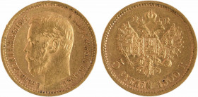 Russie, Nicolas II, 5 roubles, 1900 Saint-Pétersbourg
A/Légende en cyrillique
Tête nue à gauche de Nicolas II
R/5 ROUBLES (date)
Aigle bicéphale c...