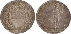 Suisse, Vaud (canton de), 20 batzen, 1810
A/CANTON - DE VAUD
Écu posé sur une couronne ; à l'exergue : (date)
R/CONFEDERATION - SUISSE
Garde suiss...