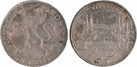 Suisse, Zürich (Ville de), demi thaler, 1758
A/MONETA REIPUBLICÆ TIGURINÆ
Lion issant à gauche tenant l'écu aux armes de la ville et une épée
R/TIG...