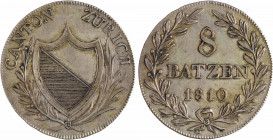 Suisse, Zürich (canton de), 8 batzen, 1810
A/CANTON ZÜRICH
Écu dans une couronne
Couronne, au centre : 8/ BATZEN/ (date), en-dessous la lettre B
T...