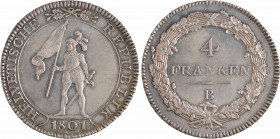 Suisse, République helvétique, 4 franken, 1801 Berne
A/HELVETISCHE - REPUBLIK
Garde suisse debout à gauche ; à l'exergue : (date)
Dans une couronne...