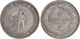 Suisse, République helvétique, 4 franken, 1801 Berne
A/HELVETISCHE - REPUBLIK
Garde suisse debout à gauche ; à l'exergue : (date)
Dans une couronne...