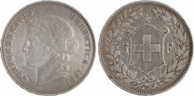 Suisse, Confédération helvétique, 5 francs, 1891 Berne
A/CONFOEDERATIO - HELVETICA* (date)
Tête laurée à gauche
Couronne, au centre : écu aux armes...