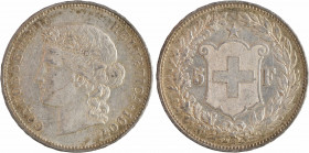 Suisse, Confédération helvétique, 5 francs, 1907 Berne
A/CONFOEDERATIO - HELVETICA* (date)
Tête laurée à gauche
Couronne, au centre : écu aux armes...