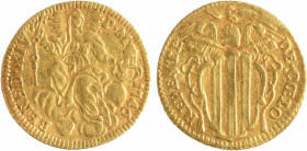 Vatican, Benoit XIV, demi-sequin d'or, 1746 Rome
A/BENED. XIV - P. M. - (date)
La Vierge debout de face sur une nuée, tenant de la main droite les c...