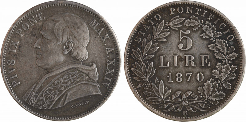 Vatican, Pie IX, 5 lire, 1870/XXIV Rome
A/PIVS IX PONT. - MAX. A. (date)
Buste...