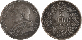Vatican, Pie IX, 5 lire, 1870/XXIV Rome
A/PIVS IX PONT. - MAX. A. (date)
Buste à gauche de Pie IX, au-dessous signature C. VOIGT
R/STATO PONTIFICIO...