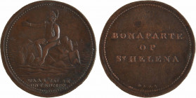 Premier Empire, Napoléon à Sainte Hélène, médaille satirique, s.d
Napoléon en uniforme, coiffé de son tricorne, assis à gauche sur un minuscule îlot,...
