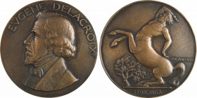 Poisson (P. M.) : Eugène Delacroix, fonte, 1933 Paris, SFAM N° 63
A/EVGENE DELACROIX
Buste de Delacroix à gauche
Centaure cabré à gauche au-dessus ...