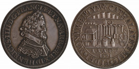 Henri IV, jeton ou médaille, passe des monnayeurs de l'atelier de Châlons-en-Champagne, [1591] refrappe en argent, Paris
A/HENRICVS. IIII. D. G. FRAN...