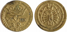 Poids monétaire, 2 réaux d'Espagne
A/V D VIII G/ 2. R
Légende en deux lignes sous une couronne
Type des pièces de 2 réaux espagnoles
TTB+, Bronze,...