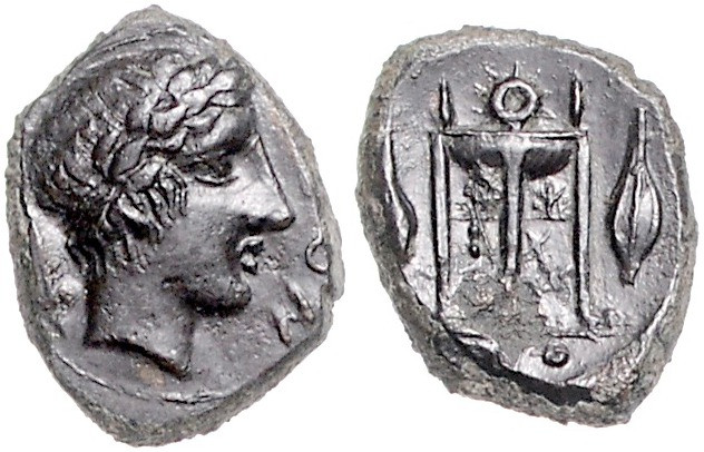 ITALIEN, SIZILIEN / Stadt Leontinoi, AE Trias (422-353 v.Chr.). Belorb. Apolloko...