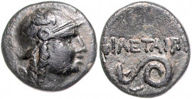 KLEINASIEN, MYSIEN. Attalos II., 159-138 v.Chr., AE 15. Kopf der Athena r. Rs.Gerollte Schlange, l. M, PHILETAIPOY. 3,36g.
ss
BMC 15.122.78